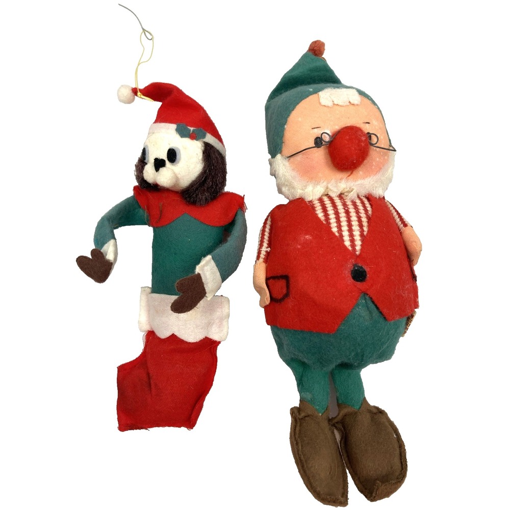 Two Vtg MCM 1950s Fun Farm Elf Ornament Felt‎ Material & Dog Elf Japan Christmas